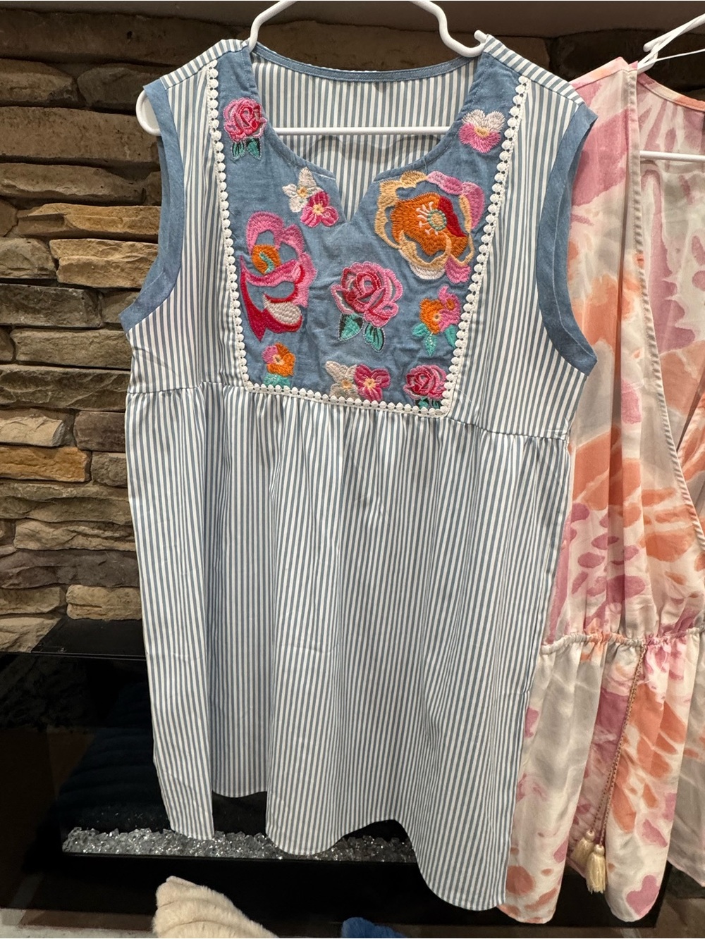 Striped Sleeveless Top with Floral Embroidered Yoke